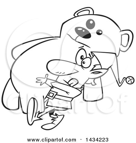 Clipart of a Cartoon Black and White Lineart Christmas Elf Carrying a Giant Teddy Bear - Royalty Free Vector Illustration by toonaday