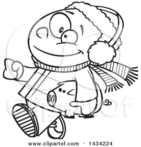 Clipart of a Cartoon Black and White Lineart Happy African Boy in Winter Clothes, Carrying His Piggy Bank to Go Christmas Shopping - Royalty Free Vector Illustration by toonaday