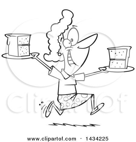 Clipart of a Cartoon Black and White Lineart Happy Woman Running with Slices of Cake - Royalty Free Vector Illustration by toonaday