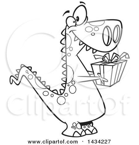 Clipart of a Cartoon Black and White Lineart Thoughtful T Rex Dinosaur Holding out a Christmas Gift - Royalty Free Vector Illustration by toonaday