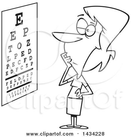 Clipart of a Cartoon Black and White Lineart Woman Trying to Read an Eye Chart - Royalty Free Vector Illustration by toonaday