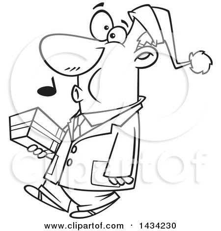 Clipart of a Cartoon Black and White Lineart Man Wearing a Santa Hat, Whistling and Carrying a Christmas Gift - Royalty Free Vector Illustration by toonaday