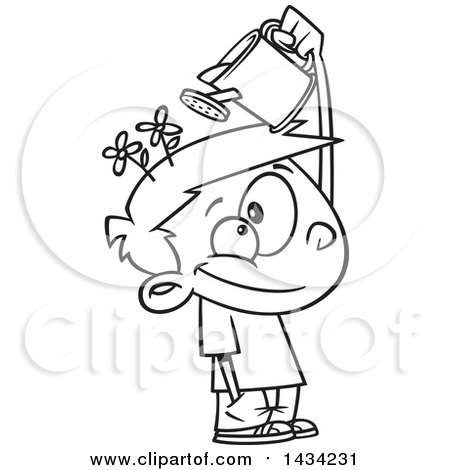 Clipart of a Cartoon Black and White Lineart Little Boy Watering His Mind Flowers with a Can - Royalty Free Vector Illustration by toonaday