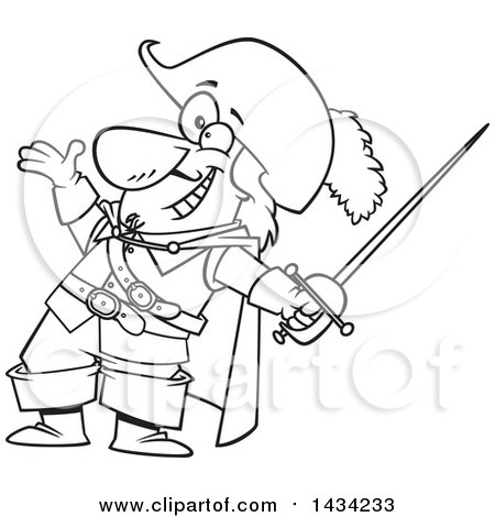 Clipart of a Cartoon Black and White Lineart Musketeer Presenting and Holding a Sword - Royalty Free Vector Illustration by toonaday