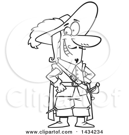 Clipart of a Cartoon Black and White Lineart Musketeer Standing with Hands on His Hips - Royalty Free Vector Illustration by toonaday