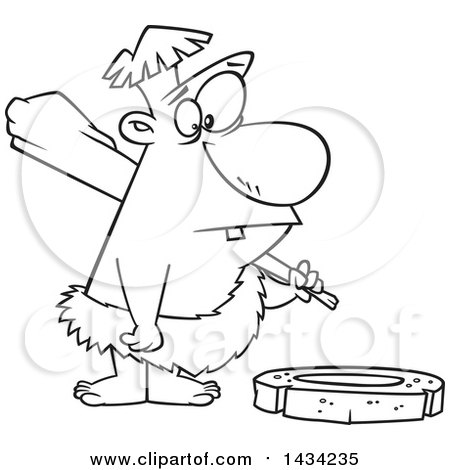 Clipart of a Cartoon Black and White Lineart Caveman Looking Expectantly at a Stone Wheel - Royalty Free Vector Illustration by toonaday
