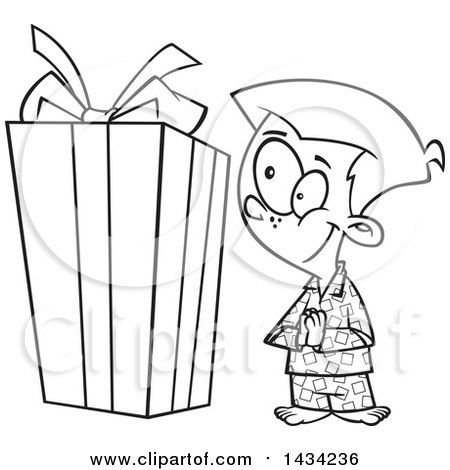 Clipart of a Cartoon Black and White Lineart Excited Boy Looking at a Large Christmas Present - Royalty Free Vector Illustration by toonaday