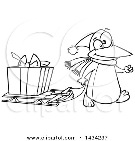 Clipart of a Cartoon Black and White Lineart Festive Penguin Pulling a Christmas Present on a Sled - Royalty Free Vector Illustration by toonaday