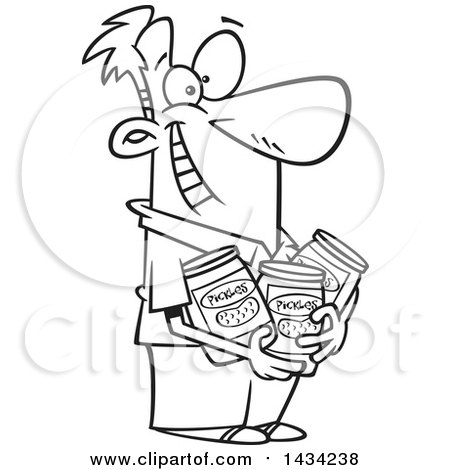 Clipart of a Cartoon Black and White Lineart Happy Man Holding Jars of Pickles - Royalty Free Vector Illustration by toonaday
