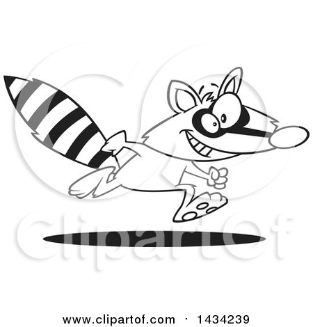Clipart of a Cartoon Black and White Lineart Happy Raccoon Running - Royalty Free Vector Illustration by toonaday
