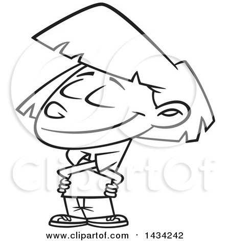 Clipart of a Cartoon Black and White Lineart Girl Giving Herself a Hug - Royalty Free Vector Illustration by toonaday