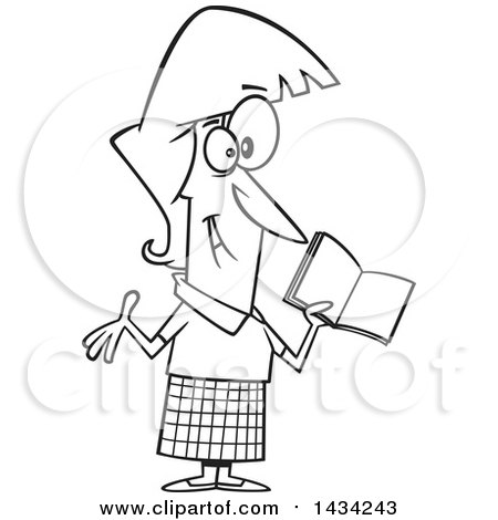 Clipart of a Cartoon Black and White Lineart Happy Female Teacher Holding a Book - Royalty Free Vector Illustration by toonaday