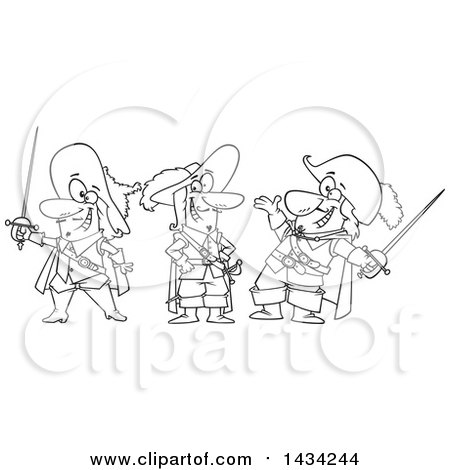 Clipart of a Cartoon Black and White Lineart Group of the Three Musketeers - Royalty Free Vector Illustration by toonaday