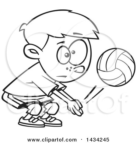 Clipart of a Cartoon Black and White Lineart Little Boy Playing Volleyball - Royalty Free Vector Illustration by toonaday