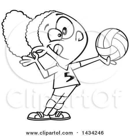 Clipart of a Cartoon Lineart Athletic Black Girl Serving a Volleyball - Royalty Free Vector Illustration by toonaday