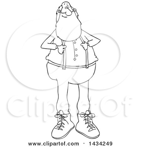 Clipart of a Cartoon Black and White Lineart Christmas Santa Claus Pulling on His Suspenders - Royalty Free Vector Illustration by djart