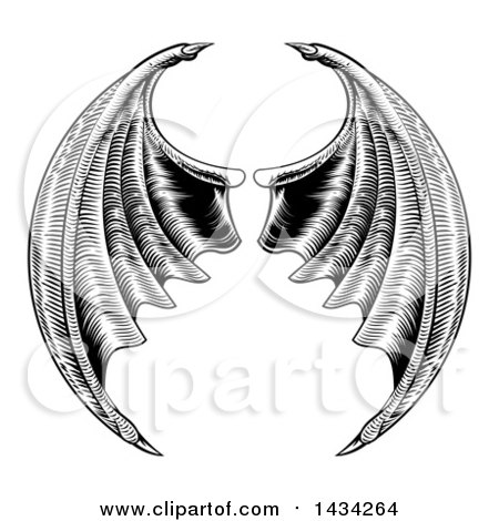 Clipart of a Black and White Woodcut or Engraved Pair of Bat or Dragon Wings - Royalty Free Vector Illustration by AtStockIllustration