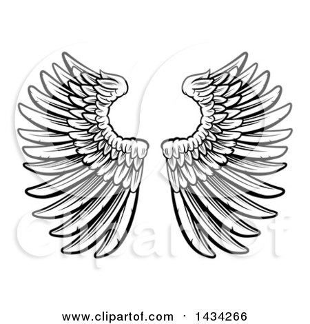 Clipart of a Black and White Pair of Feathered Wings in Woodcut Style - Royalty Free Vector Illustration by AtStockIllustration
