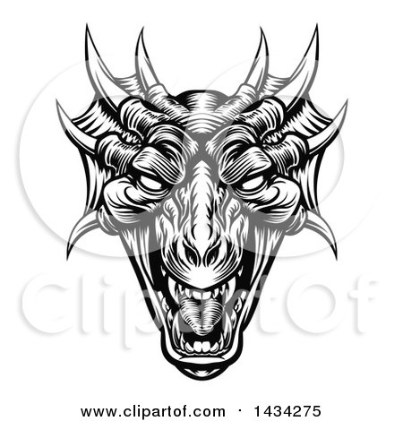 Clipart of a Black and White Woodcut or Engraved Dragon or Monster Head - Royalty Free Vector Illustration by AtStockIllustration