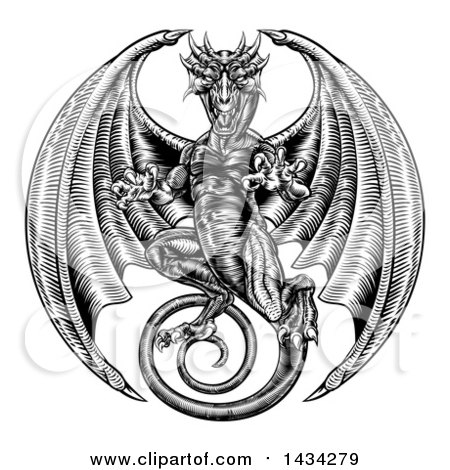 Clipart of a Black and White Woodcut Dragon - Royalty Free Vector Illustration by AtStockIllustration