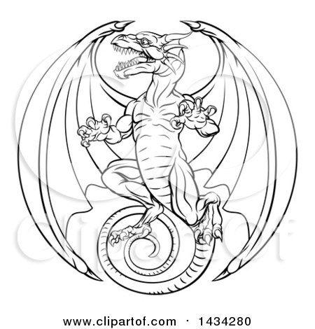 Clipart of a Black and White Lineart Dragon - Royalty Free Vector Illustration by AtStockIllustration