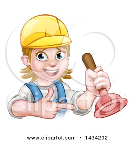 Clipart of a Cartoon Happy White Female Plumber Wearing a Hard Hat, Pointing and Holding a Plunger - Royalty Free Vector Illustration by AtStockIllustration