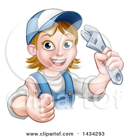 Clipart of a Cartoon Happy White Female Plumber Holding an Adjustable Wrench and Giving a Thumb up - Royalty Free Vector Illustration by AtStockIllustration