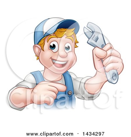 Clipart of a Cartoon Happy White Male Plumber Holding an Adjustable Wrench and Pointing - Royalty Free Vector Illustration by AtStockIllustration