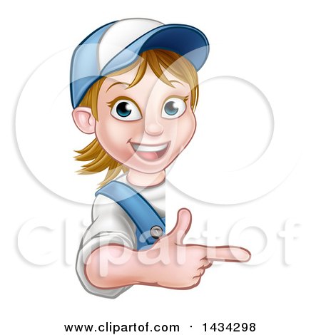 Clipart of a Cartoon Happy White Female Worker Pointing Around a Sign - Royalty Free Vector Illustration by AtStockIllustration
