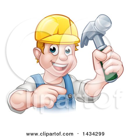 Clipart of a Cartoon Happy White Male Carpenter Holding a Hammer and Pointing - Royalty Free Vector Illustration by AtStockIllustration