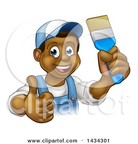 Clipart of a Cartoon Happy Black Male Painter Holding up a Brush and Giving a Thumb up - Royalty Free Vector Illustration by AtStockIllustration