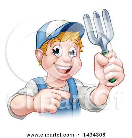 Clipart of a Cartoon Happy White Male Gardener in Blue, Holding a Garden Fork and Pointing - Royalty Free Vector Illustration by AtStockIllustration