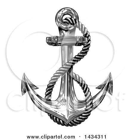 Clipart of a Black and White Retro Woodcut or Engraved Anchor and Rope - Royalty Free Vector Illustration by AtStockIllustration