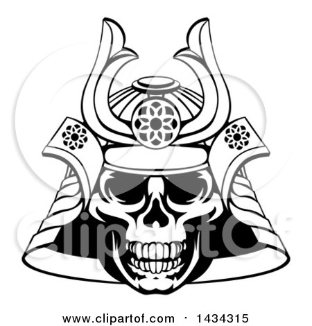 Clipart of a Black and White Lineart Skull Asian Samurai Mask - Royalty Free Vector Illustration by AtStockIllustration