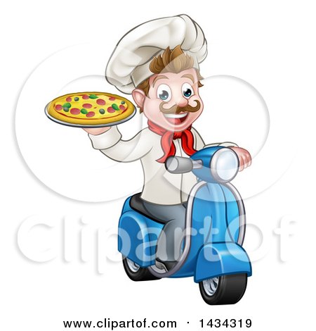 Clipart of a Cartoon Happy White Male Chef Holding a Pizza on a Scooter - Royalty Free Vector Illustration by AtStockIllustration