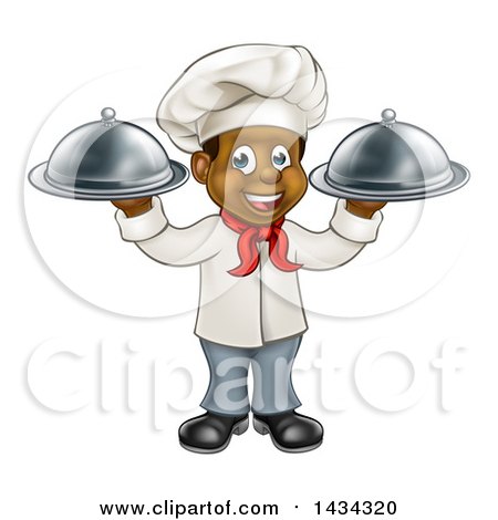 Clipart of a Happy Young Black Male Chef Holding Two Cloche Platters - Royalty Free Vector Illustration by AtStockIllustration