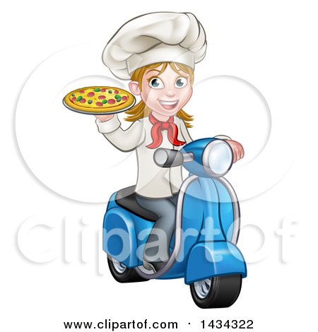 Clipart of a Cartoon Happy White Female Chef Holding a Pizza on a Scooter - Royalty Free Vector Illustration by AtStockIllustration