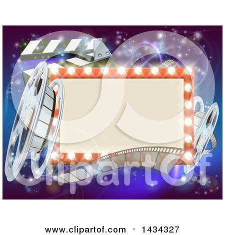 Clipart of a Retro Marquee Theater Sign with Light Bulbs, Film Reels and Clapper Board over Magical Lights - Royalty Free Vector Illustration by AtStockIllustration