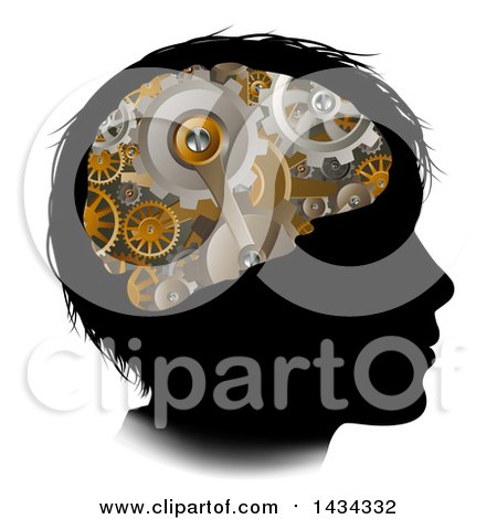 Clipart of a Black Silhouetted Boy's Head with 3d Gear Cogs Visible in His Brain - Royalty Free Vector Illustration by AtStockIllustration
