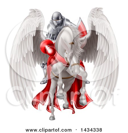 Clipart of a 3d Fully Armored Medieval Jousting Knight Holding a Lance on a White Pegasus Horse As They Charge Forward - Royalty Free Vector Illustration by AtStockIllustration