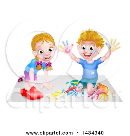 Clipart of a Cartoon Happy White Boy Kneeling and Finger Painting Artwork and Girl Playing with a Toy Car - Royalty Free Vector Illustration by AtStockIllustration