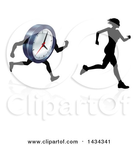 Clipart of a Silhouetted Woman Sprinting Before a Clock Character - Royalty Free Vector Illustration by AtStockIllustration