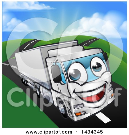 Clipart of a Cartoon Happy Big Rig Lorry Truck Mascot on a Country Road - Royalty Free Vector Illustration by AtStockIllustration
