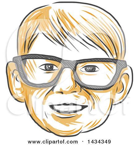 Clipart of a Retro Sketched Boy's Face Wearing Glasses - Royalty Free Vector Illustration by patrimonio