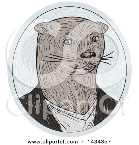 Clipart of a Sketched Otter Wearing a Shirt in an Oval - Royalty Free Vector Illustration by patrimonio