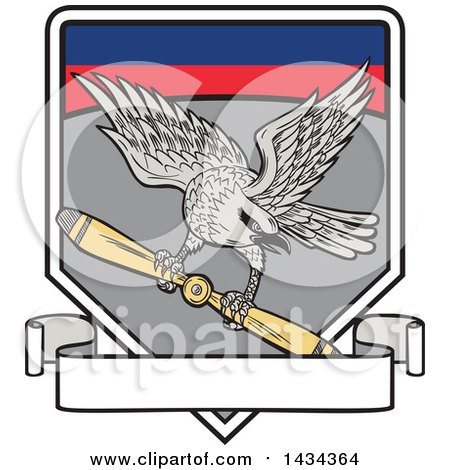 Clipart of a Shrike Bird Flying with a Propeller Blade in a Shield - Royalty Free Vector Illustration by patrimonio