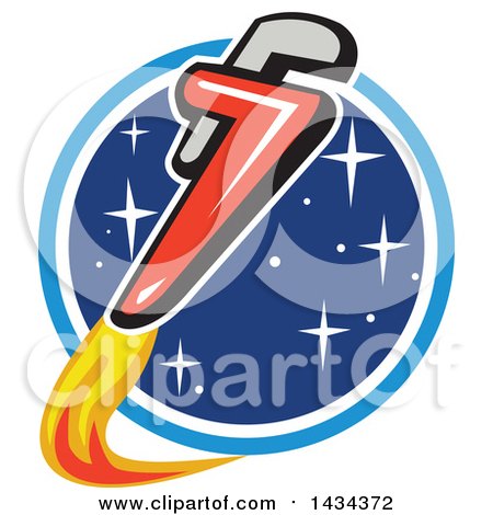 Clipart of a Pipe Monkey Wrench Rocket in Flight Around a Circle of Stars - Royalty Free Vector Illustration by patrimonio