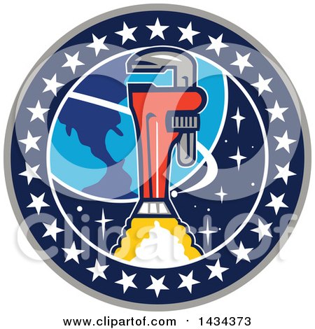 Clipart of a Pipe Monkey Wrench Rocket in Flight near Earth, in a Circle of Stars - Royalty Free Vector Illustration by patrimonio