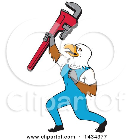 Clipart of a Cartoon Bald Eagle Plumber Man Holding up a Pipe Monkey Wrench - Royalty Free Vector Illustration by patrimonio