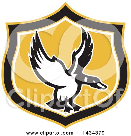Clipart of a Retro Mallard Duck Flying in a Black White and Yellow Shield - Royalty Free Vector Illustration by patrimonio